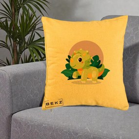 Perna Decorativa Triceratops Kawaii Verde, 40x40 cm, Galben, Husa Detasabila, Perna Inclusa, BEKZ®