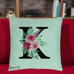 Cadou Personalizat - Perna Personalizata Monograma Florala Litera K, 40x40 cm, Verde Menta, Husa Detasabila, Perna Inclusa, BEKZ®