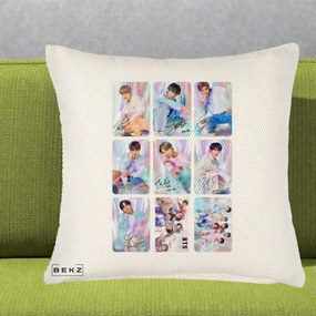 Perna Personalizata K-pop BTS Colaj 9 Fotografii Autografe Individual, 40x40 cm, Crem Reliefat, Husa Detasabila, Perna Inclusa, BEKZ®