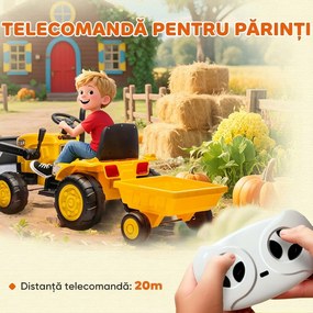 AIYAPLAY Excavator Electric pentru Copii 12V cu Cupă și Remorcă Detașabilă, Tractor Electric de Călărit cu 2 Motoare, Telecomandă, Conexiune Wireless, USB, Lumini și Muzică, 3-8 Ani, Galben | Aosom Romania