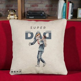 Cadou pentru Tata - Perna Personalizata Super DAD Tata si Fiica, 40x40 cm, Bej Canapea, Husa Detasabila, Perna Inclusa, BEKZ®