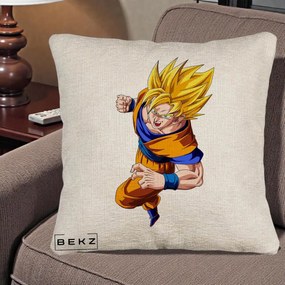 Perna Personalizata Dragon Ball Goku Super Saiyan 2 Lupta, 40x40 cm, Bej Canapea, Husa Detasabila, Perna Inclusa, BEKZ®