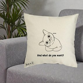 Perna Decorativa And What Do You Want Cat, 40x40 cm, Ecru, Husa Detasabila, Perna Inclusa, BEKZ®