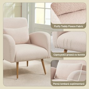HOMCOM Fotoliu pentru Sufragerie Captusit, Fotoliu de Cameră în Material Teddy cu Pernă Lombardă, Fotoliu de Lectură cu Picioare cu Efect de Lemn din Metal pentru Sufragerie și Birou, 77x77x83 cm, Bej | Aosom Romania