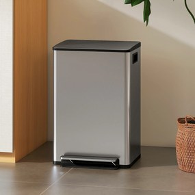 HOMCOM Coș de gunoi bucătărie 50L, coș cu pedală, găleată interioară detașabilă, capac cu închidere silențioasă, 41,7x36,6x62cm, argintiu | Aosom Romania