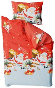 Lenjerie de pat din bumbac rosu, SNOWMAN & SANTA CLAUS + husa de perna 40 x 50 cm gratuit