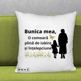 Cadou pentru Bunica - Perna Personalizata Bunica Mea Comoara Iubire Intelepciune Varianta Extinsa, 40x40 cm, Alb Pufos, Husa Detasabila, Perna Inclusa, BEKZ®