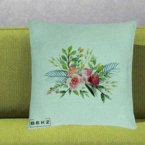 Perna Decorativa Buchet Flori Acuarela Roz-Verde, 40x40 cm, Verde Menta, Husa Detasabila, Perna Inclusa, BEKZ®