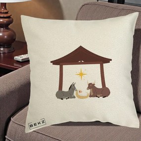 Perna Decorativa Ieslea din Betleem cu Iesle Asin si Bou, 40x40 cm, Ecru, Husa Detasabila, Perna Inclusa, BEKZ®