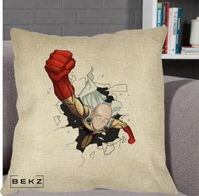 Perna Personalizata One Punch Man Saitama Pumn, 40x40 cm, Crem, Husa Detasabila, Perna Inclusa, BEKZ®
