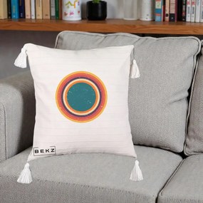 Perna Decorativa Retro Cerc Concentric Geometric Vintage, 40x40 cm, Bej cu Franjuri, Husa Detasabila, Perna Inclusa, BEKZ®