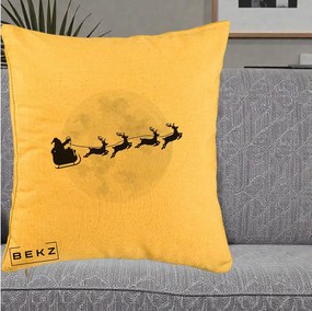 Perna Decorativa Mos Craciun Sanie Luna, 40x40 cm, Galben, Husa Detasabila, Perna Inclusa, BEKZ®