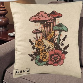Perna Decorativa Ciuperci si Broaste Boho, 40x40 cm, Bej, Husa Detasabila, Perna Inclusa, BEKZ®