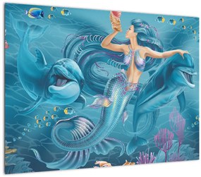 Tablou pe sticlă - Sirenă cu delfini (70x50 cm)
