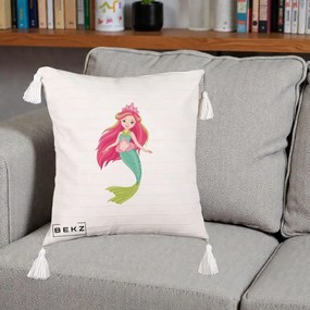 Perna Decorativa Sirena Roz cu Coroana, 40x40 cm, Bej cu Franjuri, Husa Detasabila, Perna Inclusa, BEKZ®