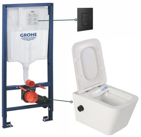 Set vas wc suspendat cu functie bideu alb si baterie inclusa negru mat Foglia Safari, rezervor Grohe Solido 3 in 1 cu clapeta neagru mat Even