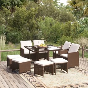 vidaXL Set mobilier de grădină cu perne, 9 piese, maro, poliratan