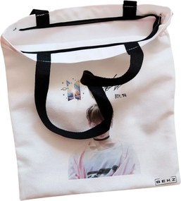 Sacosa de Panza pentru Cumparaturi, Geanta Tote, model BTS Jungkook 2, Cu fermoar, 38x34.5 cm, Alba, BEKZ®