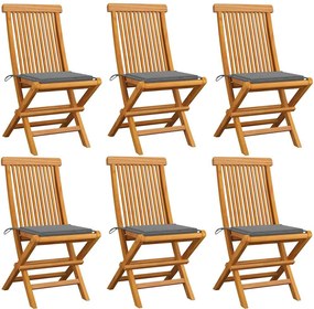 vidaXL Scaune de grădină cu perne gri, 6 buc., lemn masiv de tec