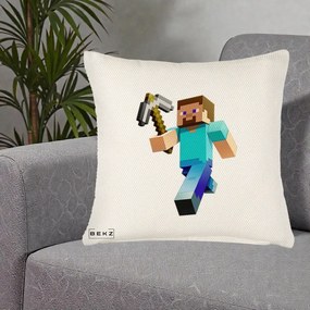 Perna Personalizata Minecraft Steve cu Tarnacop, 40x40 cm, Crem Reliefat, Husa Detasabila, Perna Inclusa, BEKZ®
