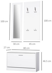 HOMCOM Set 3 Piese Suport pantofi Suport haine Oglinda pentru Hol sau Dormitor, din Lemn, 80x27x46,5cm, Alb