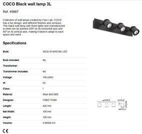 Aplica cu 3 spoturi directionabile design minimalist COCO neagra