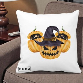 Perna Decorativa Trio Dovleci Jack-o-Lantern cu Palarie Vrajitoare, 40x40 cm, Alba Mata, Husa Detasabila, Perna Inclusa, BEKZ®