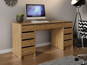 BIA8 - Birou 154 cm, masa de calculator cu 9 sertare, office - Alb / Negru / Crem / Alb Lucios / Gri / Culoarea Stejar