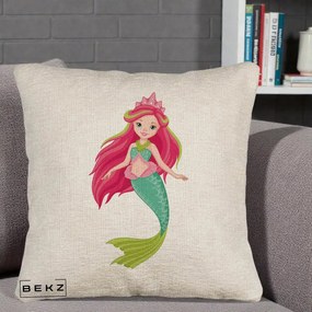 Perna Decorativa Sirena Roz cu Coroana, 40x40 cm, Bej Canapea, Husa Detasabila, Perna Inclusa, BEKZ®