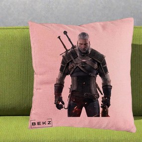 Perna Personalizata The Witcher Geralt of Rivia Portret, 40x40 cm, Roz, Husa Detasabila, Perna Inclusa, BEKZ®