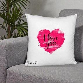Cadou Romantic - Perna Personalizata I Love You Inima Roz, 40x40 cm, Alb Pufos, Husa Detasabila, Perna Inclusa, BEKZ®
