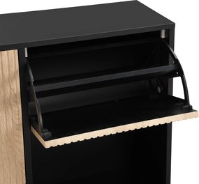 Dulap pentru pantofi cu taburet pentru schimbarea pantofilor, 3 compartimente cu suprafețe de depozitare, 100x25x100 cm, Negru+Culoare naturală