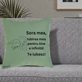Cadou pentru Sora - Perna Personalizata Sora Mea Te Iubesc Line Art Portrete Fata in Fata, 40x40 cm, Verde, Husa Detasabila, Perna Inclusa, BEKZ®