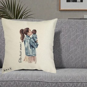 Cadou pentru Mama - Perna Personalizata The Best Mom Jachete, 40x40 cm, Ecru, Husa Detasabila, Perna Inclusa, BEKZ®