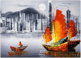 Tablou - Victoria Harbour, Hong Kong, pictură în ulei alb- negru (70x50 cm)