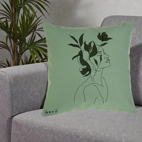 Perna Decorativa Portret Feminin Crin Verde, 40x40 cm, Verde, Husa Detasabila, Perna Inclusa, BEKZ®