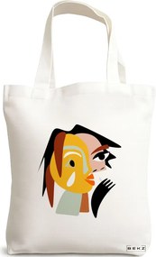 Sacosa de Panza pentru Cumparaturi, Geanta Tote, model Abstract face 2, 38x34.5 cm, Alba, BEKZ®