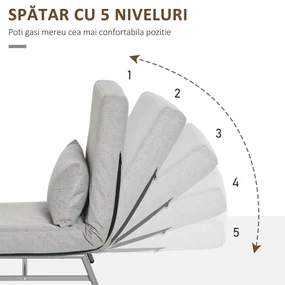 Fotoliu-pat single cu spatar rabatabil pe 5 niveluri si perna suplimentara, din Tesatura si Metal, 73x74x81cm, Gri HOMCOM | Aosom RO