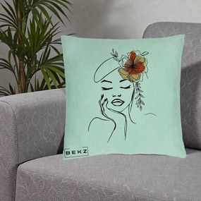 Perna Decorativa Portret Feminin Flori Palarie, 40x40 cm, Verde Menta, Husa Detasabila, Perna Inclusa, BEKZ®