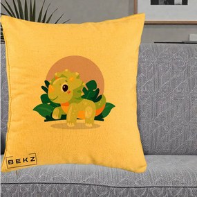 Perna Decorativa Triceratops Kawaii Verde, 40x40 cm, Galben, Husa Detasabila, Perna Inclusa, BEKZ®