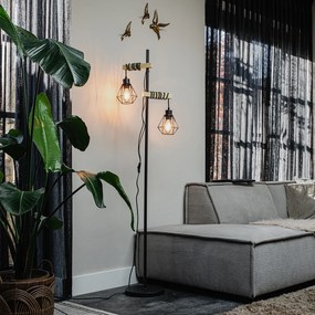 Lampă de podea rustică neagră cu lemn 2 lumini - Chon