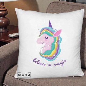 Perna Decorativa Unicorn Believe in Magic, 40x40 cm, Alb Pufos, Husa Detasabila, Perna Inclusa, BEKZ®
