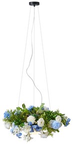 Lampă suspendată boemă neagră cu flori colorate albastre și albe - Flower Power