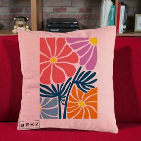 Perna Decorativa Flori Grafice Roz-Orange-Albastru, 40x40 cm, Roz, Husa Detasabila, Perna Inclusa, BEKZ®