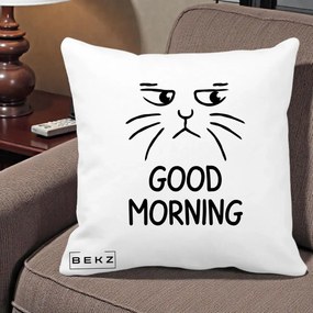 Perna Decorativa Pisica Morocanoasa Good Morning, 40x40 cm, Alba Mata, Husa Detasabila, Perna Inclusa, BEKZ®