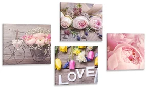 Set tablouri natura moartă florală delicată cu inscripție Love