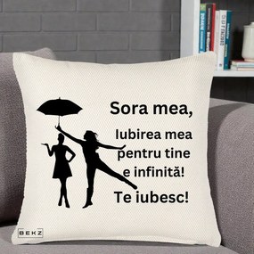 Cadou pentru Sora - Perna Personalizata Sora Mea Te Iubesc Siluete Negre cu Umbrela, 40x40 cm, Crem Reliefat, Husa Detasabila, Perna Inclusa, BEKZ®