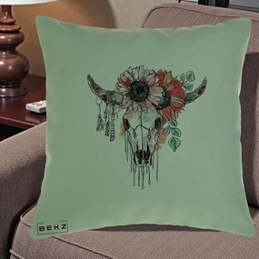 Perna Decorativa Craniu Boho Floral, 40x40 cm, Verde, Husa Detasabila, Perna Inclusa, BEKZ®