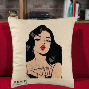 Perna Decorativa Femeie Pop-Art Kiss, 40x40 cm, Bej, Husa Detasabila, Perna Inclusa, BEKZ®