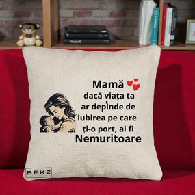 Cadou pentru Mama - Perna Personalizata Mama Nemuritoare Aproape de Bebe, 40x40 cm, Bej Canapea, Husa Detasabila, Perna Inclusa, BEKZ®